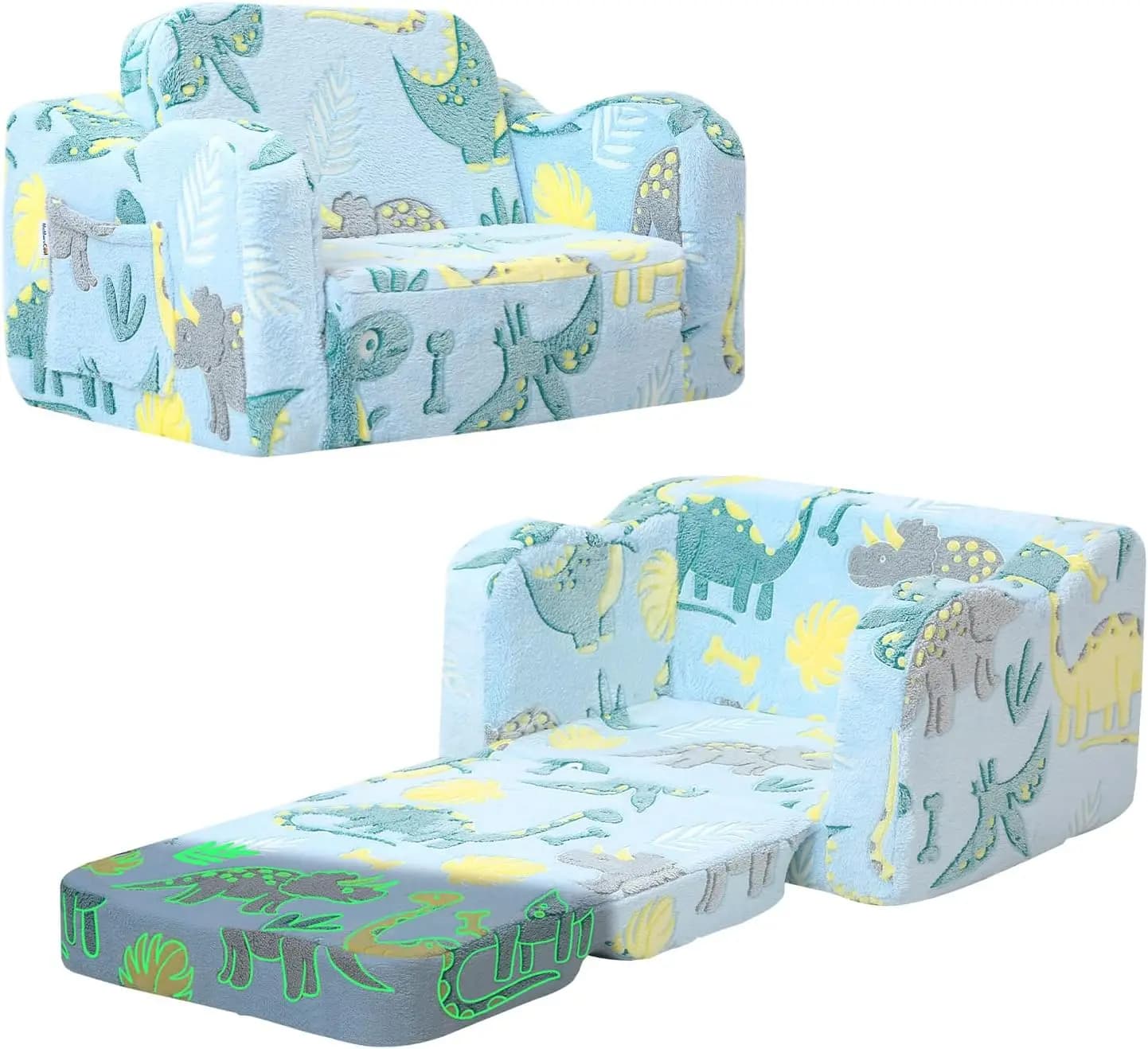 Children's sofa with incandescent dinosaur - 1-3 year convertible lounge chair, soft foam with washable coating