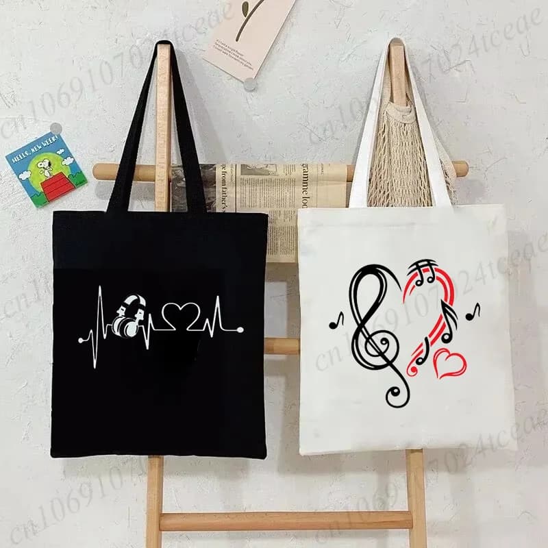 Personality Shoulder Shopping Bag Music Heart Notes Fashion Daily Woman Canvas Tote Bags Reusable Large Capacity Tote Handbag