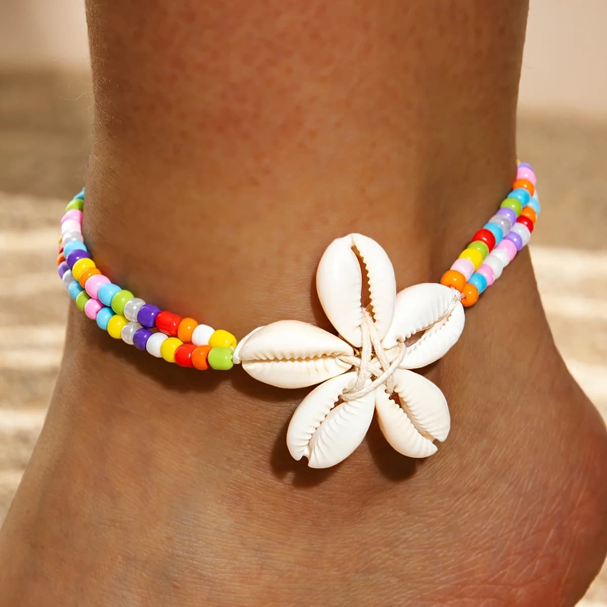 Cavigliera Bohemien con Conchiglie Marine, Braccialetto Intrecciato in Resina a Forma di Conchiglia, Gioielli da Caviglia con Perline Colorate e Fiori per Donna, Ideale per Feste