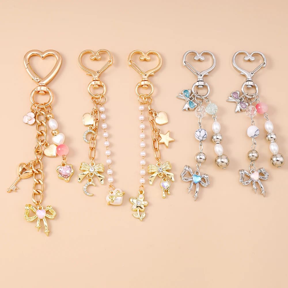 Pretty Love Heart Bowknot Keychain Crystal Pearl Key Ring Pendants for Women Girls Handbag Decor DIY Handmade Key Chain Gift