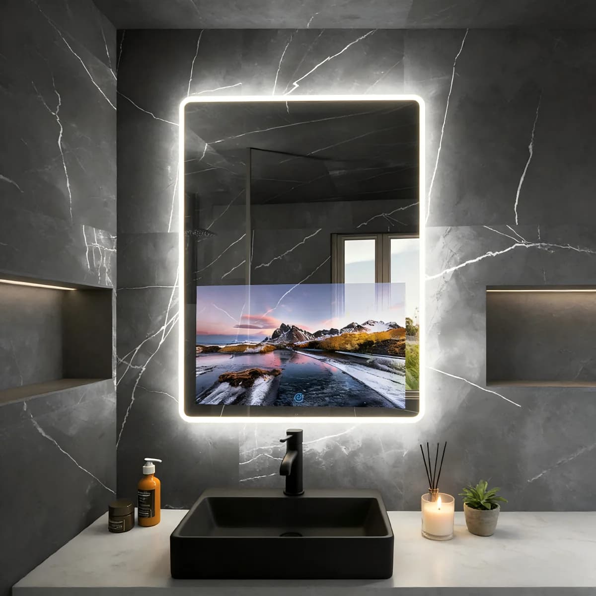 Specchio intelligente Kingstin Smart Magic Mirror per bagno con TV 1080P, touchscreen, retroilluminazione a LED, impermeabile e antiappannamento per Smart Home