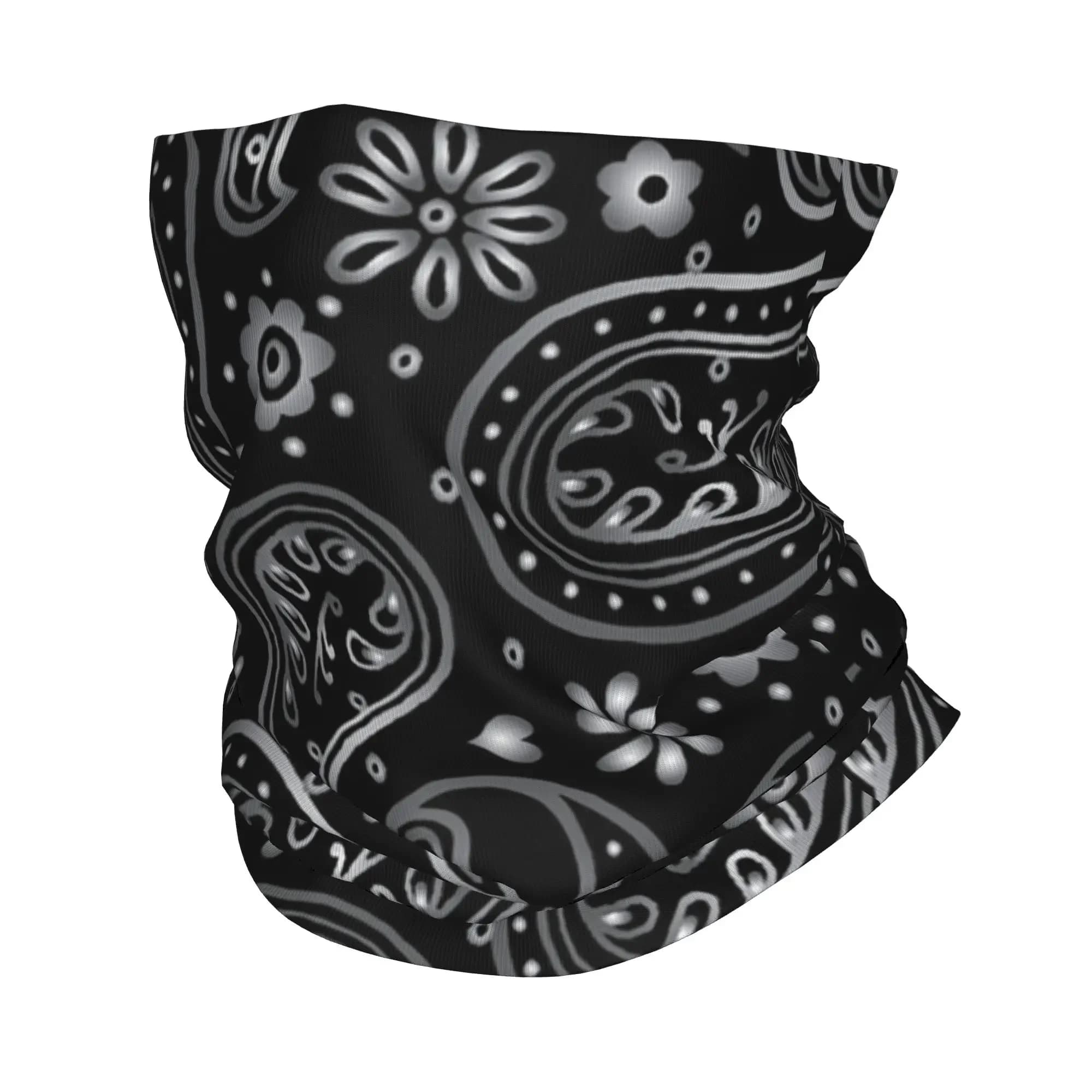 New Silver Black Paisley Design Bandana Neck Gaiter Running Wrap Scarf Geometric Floral Texture Balaclava Warmer Face Scarf Cove
