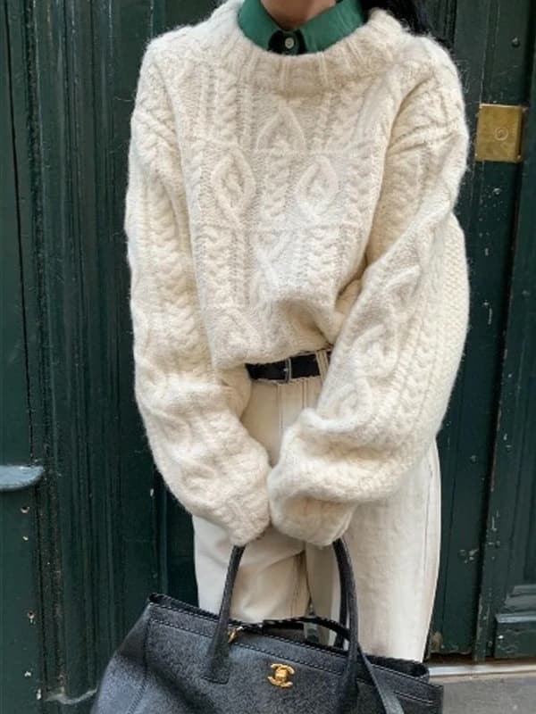 Maglione da donna pesante in maglia a coste, corto, ampio, invernale, girocollo, a maniche lunghe, bianco, stile casual