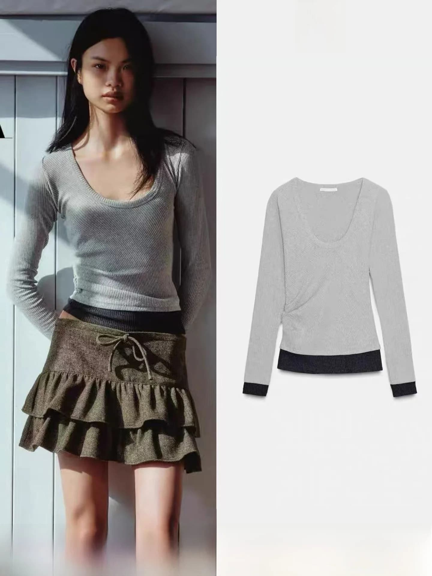 T-shirt a girocollo alla moda a maniche lunghe con effetto doppio strato e drappeggio, maglia base casual da donna in cotone, nuova collezione autunno inverno