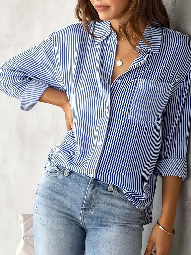 Camicia a Righe a Maniche Lunghe per Donna, Elegante Blusa da Ufficio con Colletto, Stile Harajuku, Top Casual con Risvolto, Abbigliamento Femminile