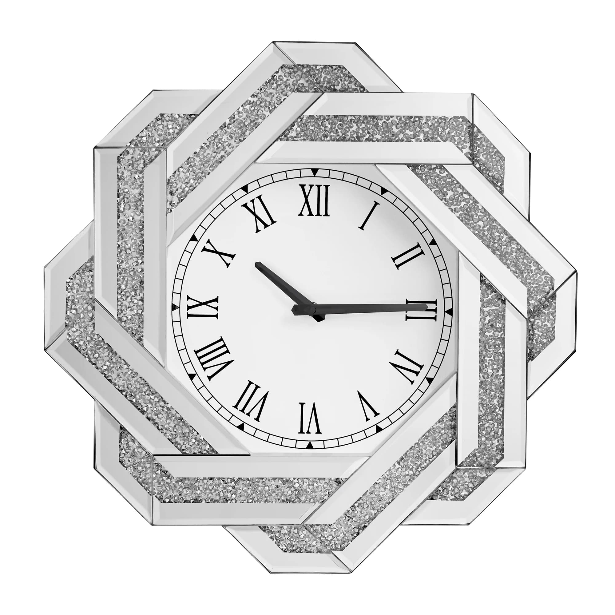 20" Large Wall Clock, Silver Mirrored Wall Clock with Roman Numerals, Crushed Diamond Mirrored Wall Clock,Elegant Beveled Glass