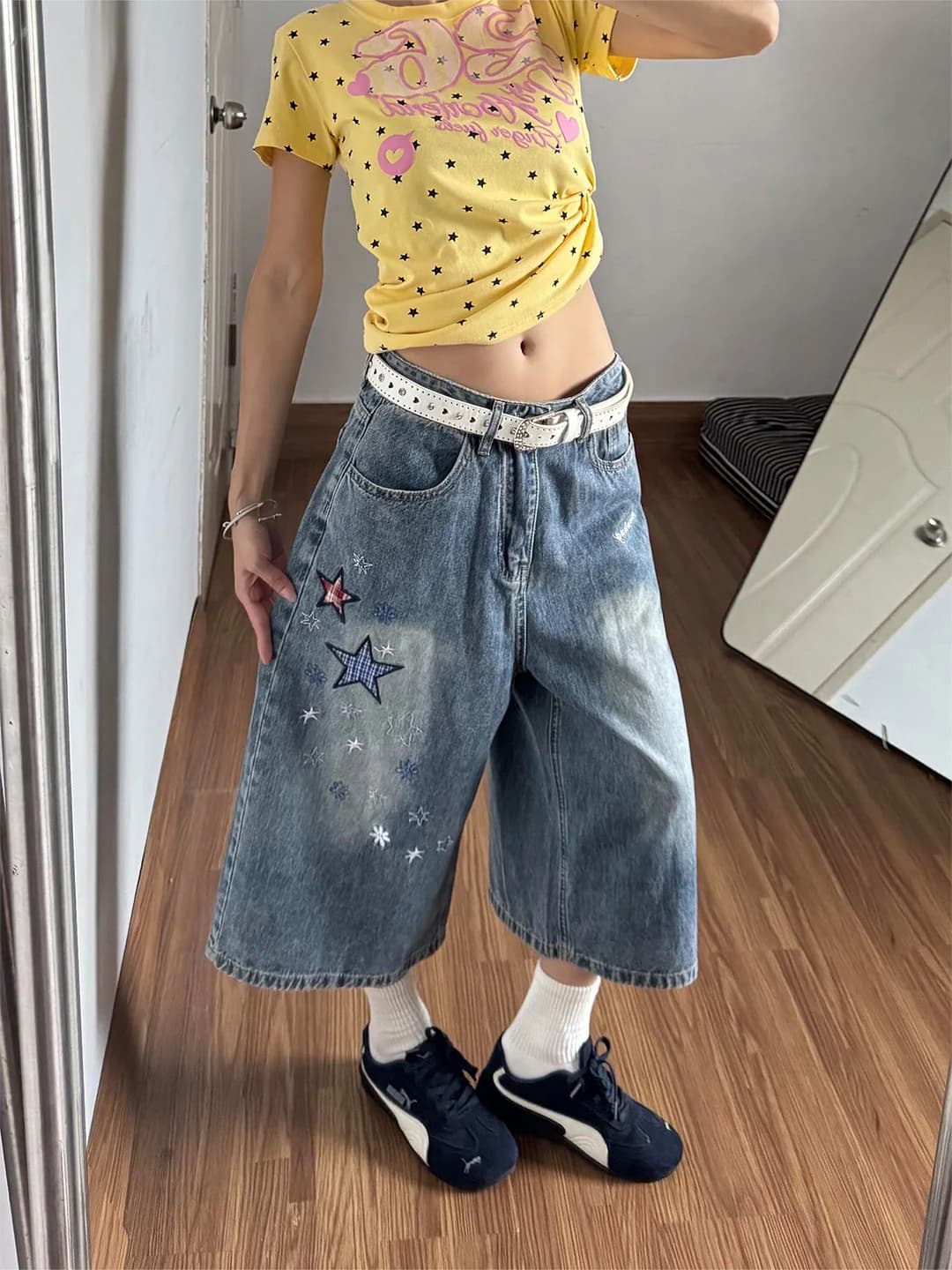 Retro American Large Size Wide Leg Seven-Quarter Embroidered Denim Jeans Women's Summer New Straight Loose Mid-Pants