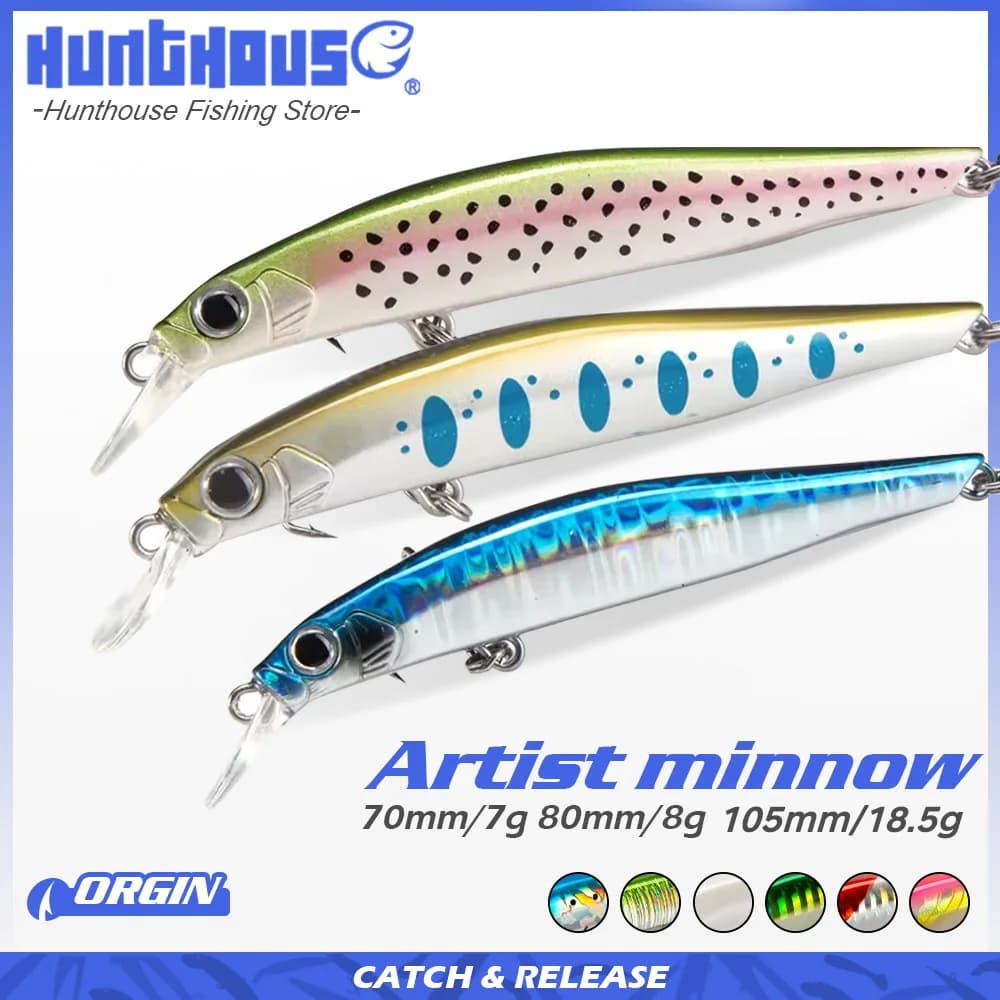 Hunthouse 3PCS 7PCS Minnow Richiamo di pesca Esca dura 70mm/80mm/105mm Affondamento Wobblers Azione Trota Spigola Luccio Attrezzatura per pesci d'acqua salata