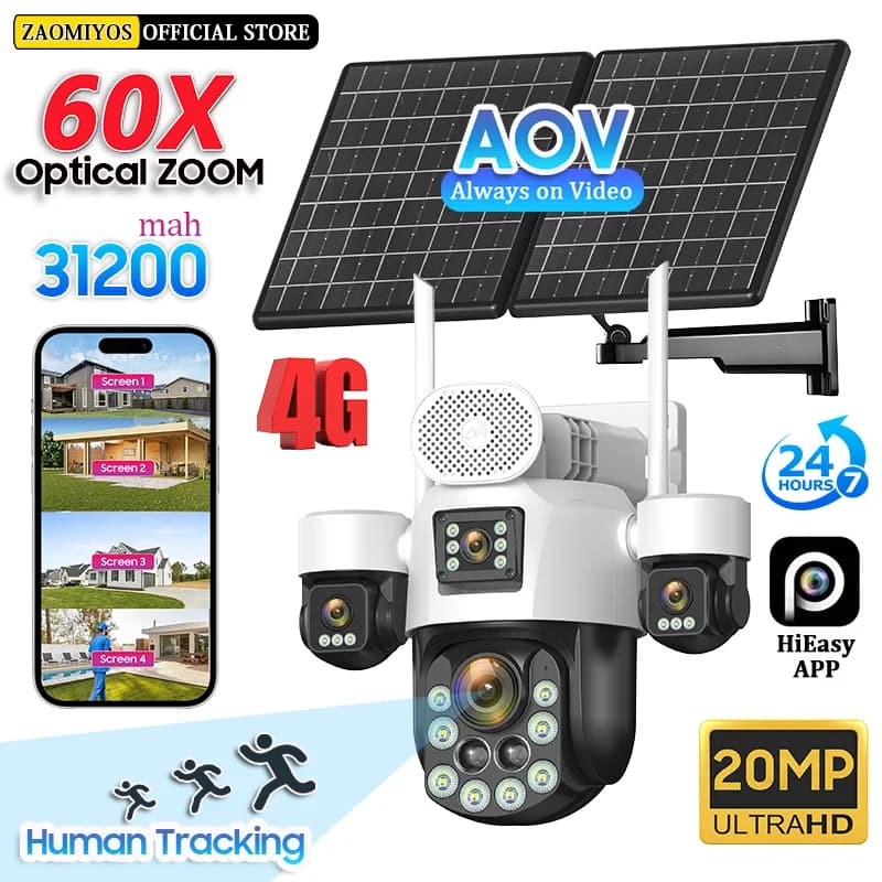 360 Degree External Camera with 4 Lens Solar Surveillance Camera 20MP with Zoom Optical 60X, SIM 4G, Domestic PTZ Security, Automatic AOV Tracking, 24/7 Recording, CCTV Camera