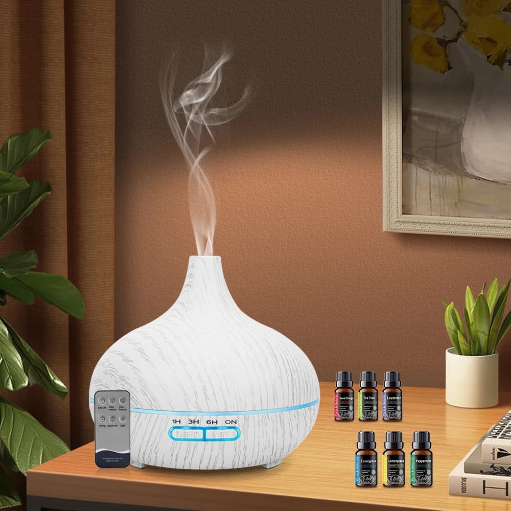 Diffusore di legno da 550 ml con 6 oli essenziali, telecomando, spegnimento automatico perfetto per yoga, ufficio e camera da letto
