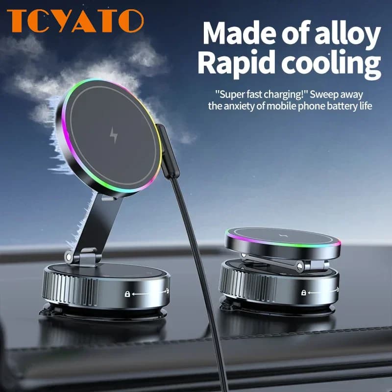 TCYATO Caricatore wireless per auto magnetico di raffreddamento Supporto per telefono per auto Ricarica rapida per iPhone Pro Ventosa pieghevole sottovuoto