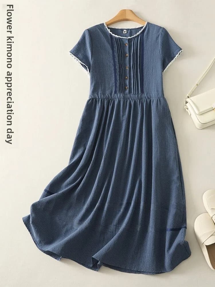 Elegante Abito Estivo da Donna in Puro Cotone con Bordo Floreale, Vestito Casual a Maniche Corte con Gonna a Ombrello Slim Fit