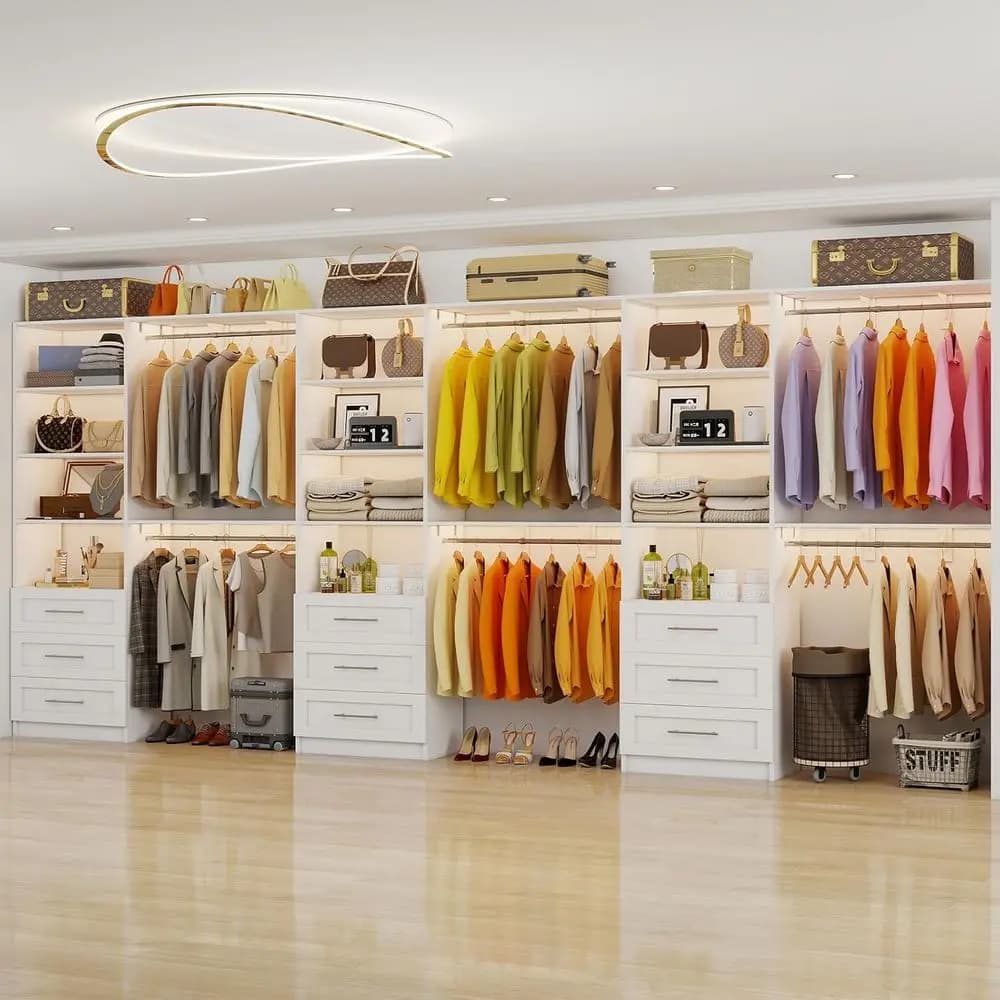 9-Section Adjustable Closet Organizer with Removable Shelves and 9-Rod Walk-in Closet System, Heavy Duty, White (Set of 3)