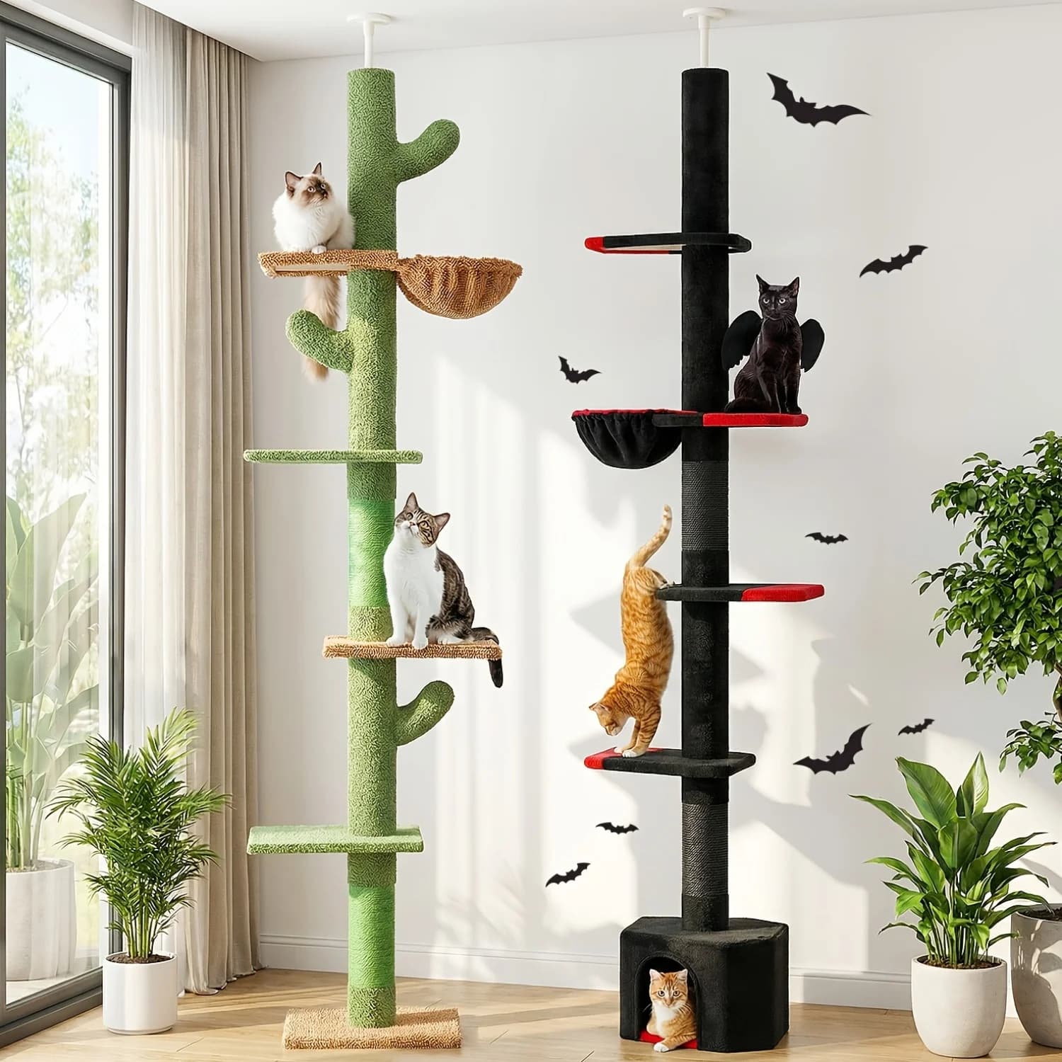 Torre per Gatti da Pavimento a Soffitto 90-107 Pollici, 4 Livelli, Pali per Arrampicata Regolabili, Grigio, Nero, Kaki
