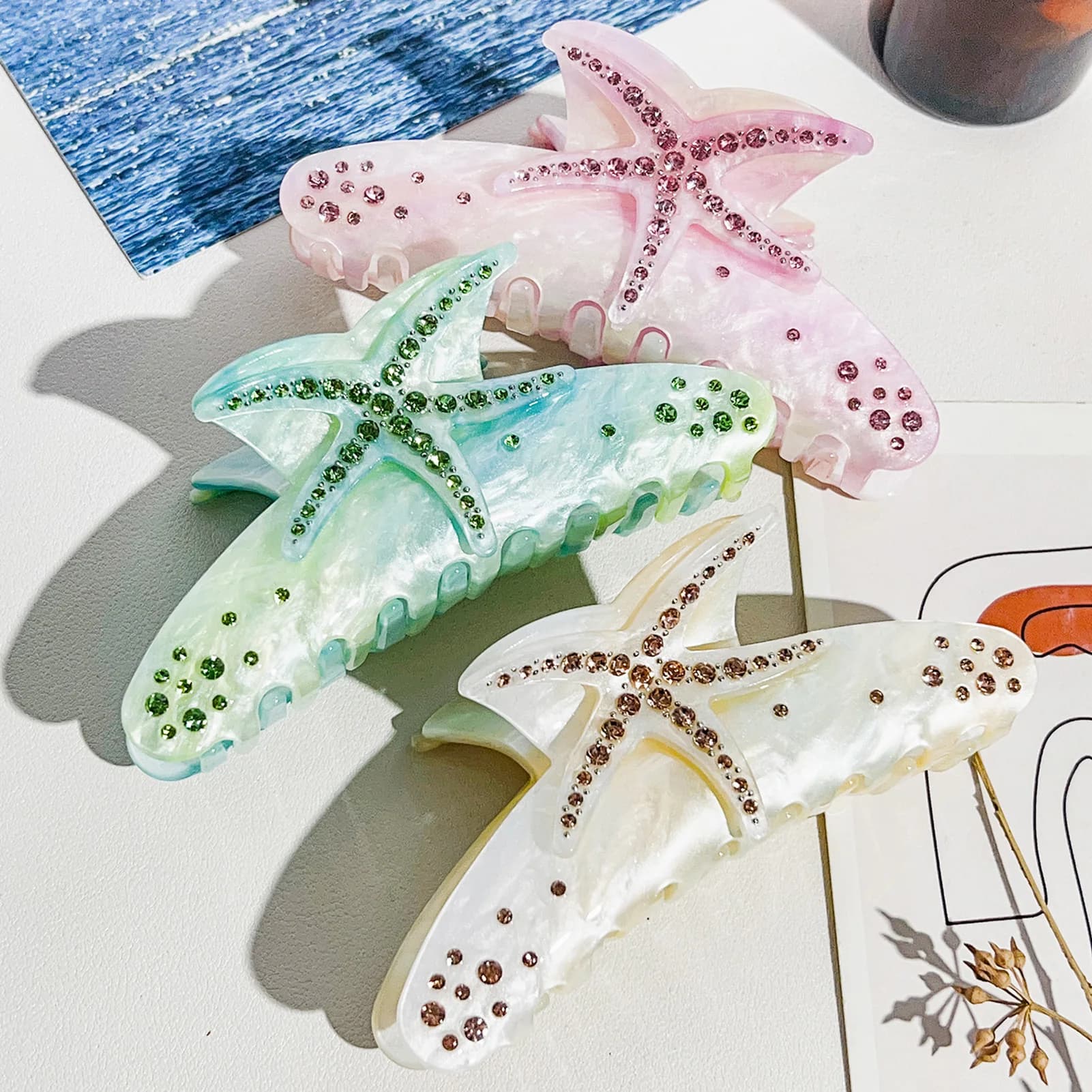 Fermaglio per capelli a forma di stella marina da donna, con strass, in acetato, accessorio per capelli alla moda, regalo