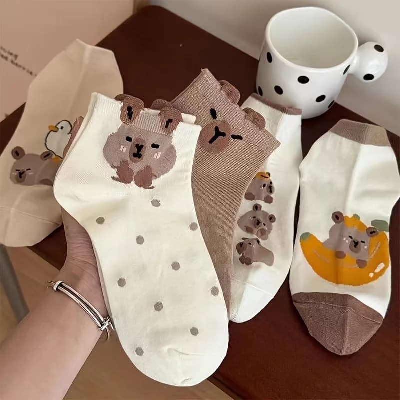 5 paia di calzini bassi da donna con disegno di cartoni animati, adorabile design a forma di capibara, da indossare tutti i giorni, alla moda per la primavera/estate, calzini sportivi ariosi