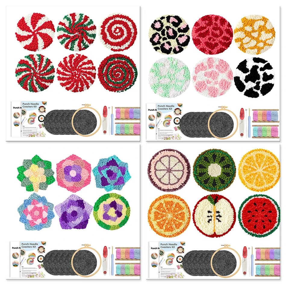Punch Needle Drink Cup Coasters Kit for Beginners 6pcs Pattern Embroidery Punch Needle Kits Coaster Set Coffee Table Decor