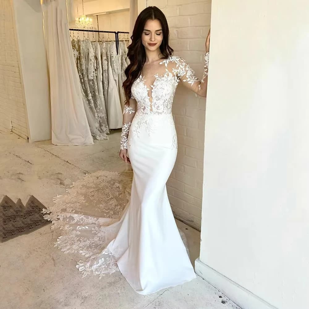 Abito da sposa Boho a sirena con strascico in pizzo maniche lunghe abito da sposa bianco spiaggia 2026 Vestido De Novia personalizzato