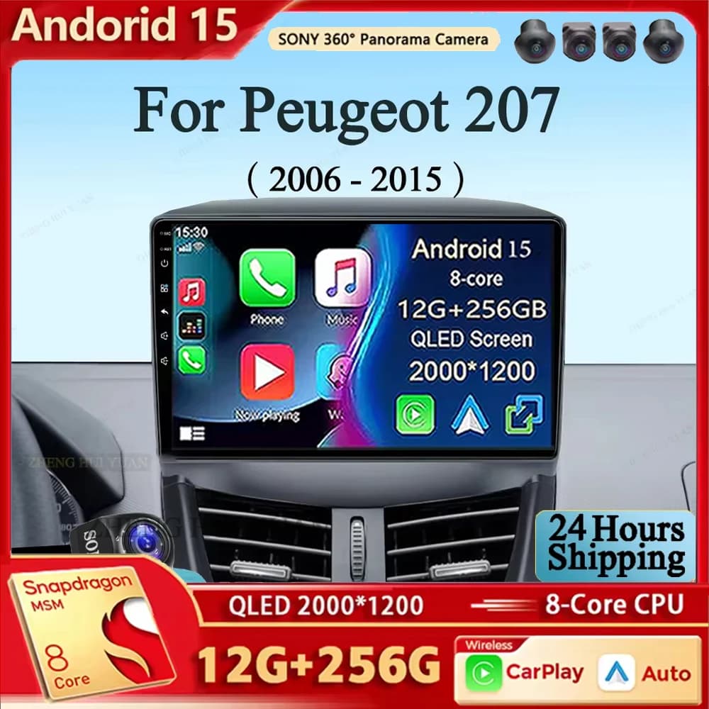 Android 15 Car Radio For Peugeot 207 CC 207CC 2006 - 2015 Wireless Carplay Android Auto Stereo Multimedia Player WiFi 4G 2 Din