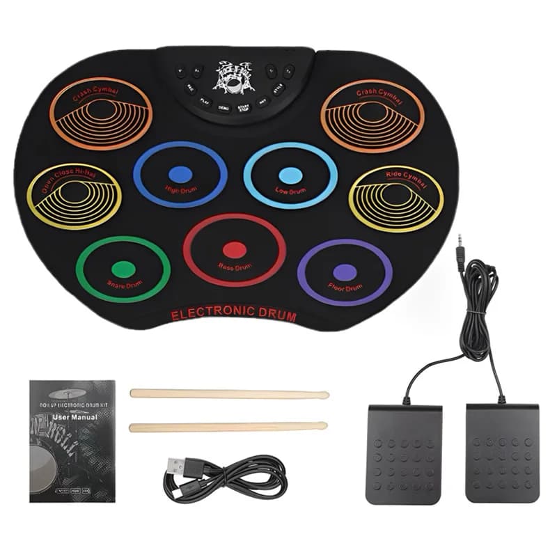 Set di batteria elettronica arrotolabile colorata portatile per adulti Bambini con 9 bacchette in silicone Bacchette Strumento musicale a tamburo silenzioso