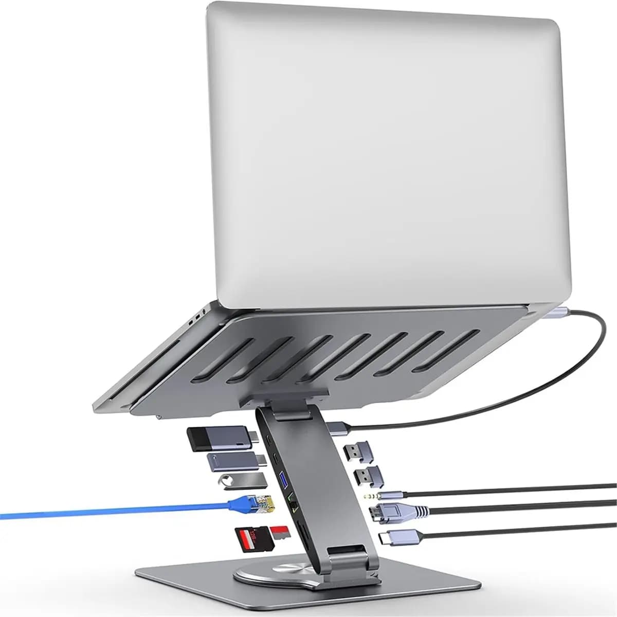 DT81 11-in-1 Adjustable Laptop Stand with Docking Station, Aluminum Laptop Riser with USB Hub for MacBook Pro Air/Dell
