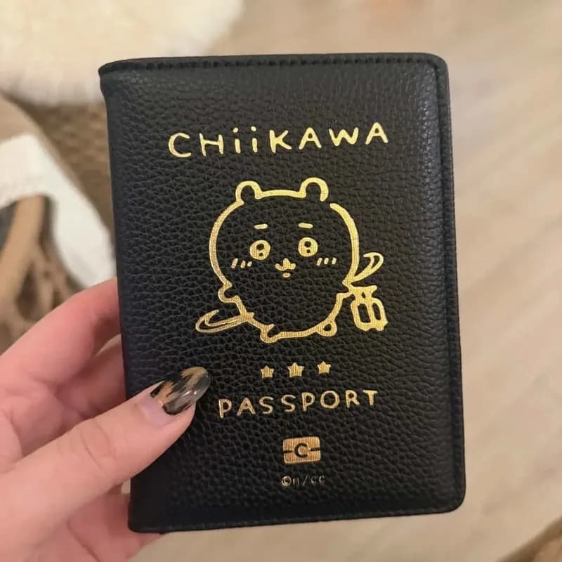 Chiikawa Cute Cartoon Leather Passport Holder Gold Foil Stamping Black Pebbled Texture Passport Cover Minimalist Premium Travel