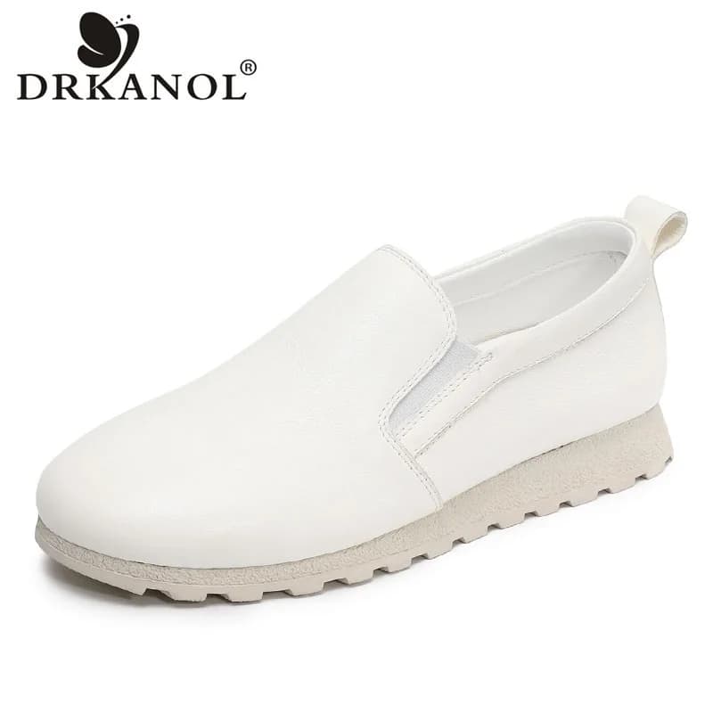 DRKANOL Women's real cow leather shoes, slip-on moccasins, casual shoes with round tip in plain color, women's soft nurse shoes