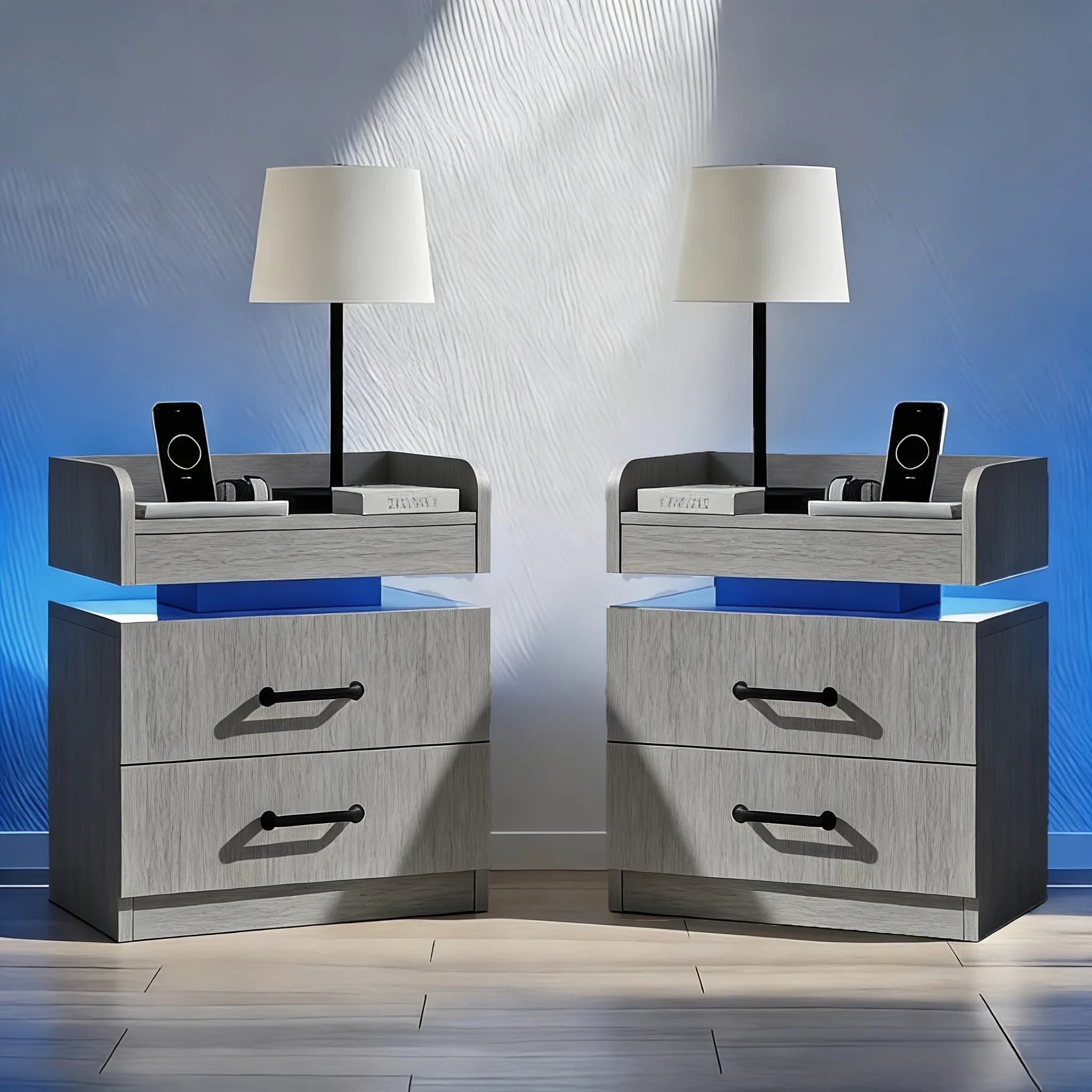 Comodino Moderno Intelligente con Stazione di Ricarica (2 Porte USB e Presa), Comodino Combinato a Tre Cassetti con Apertura Scorrevole