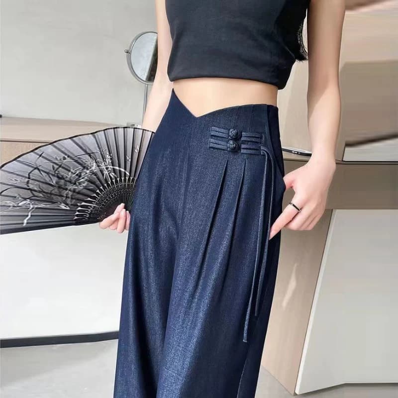 Abbigliamento donna Estate Stile cinese Vintage Streetwear Y2K Jeans Donna Elegante Chic Vita alta Denim Pantaloni a gamba larga Pantalones