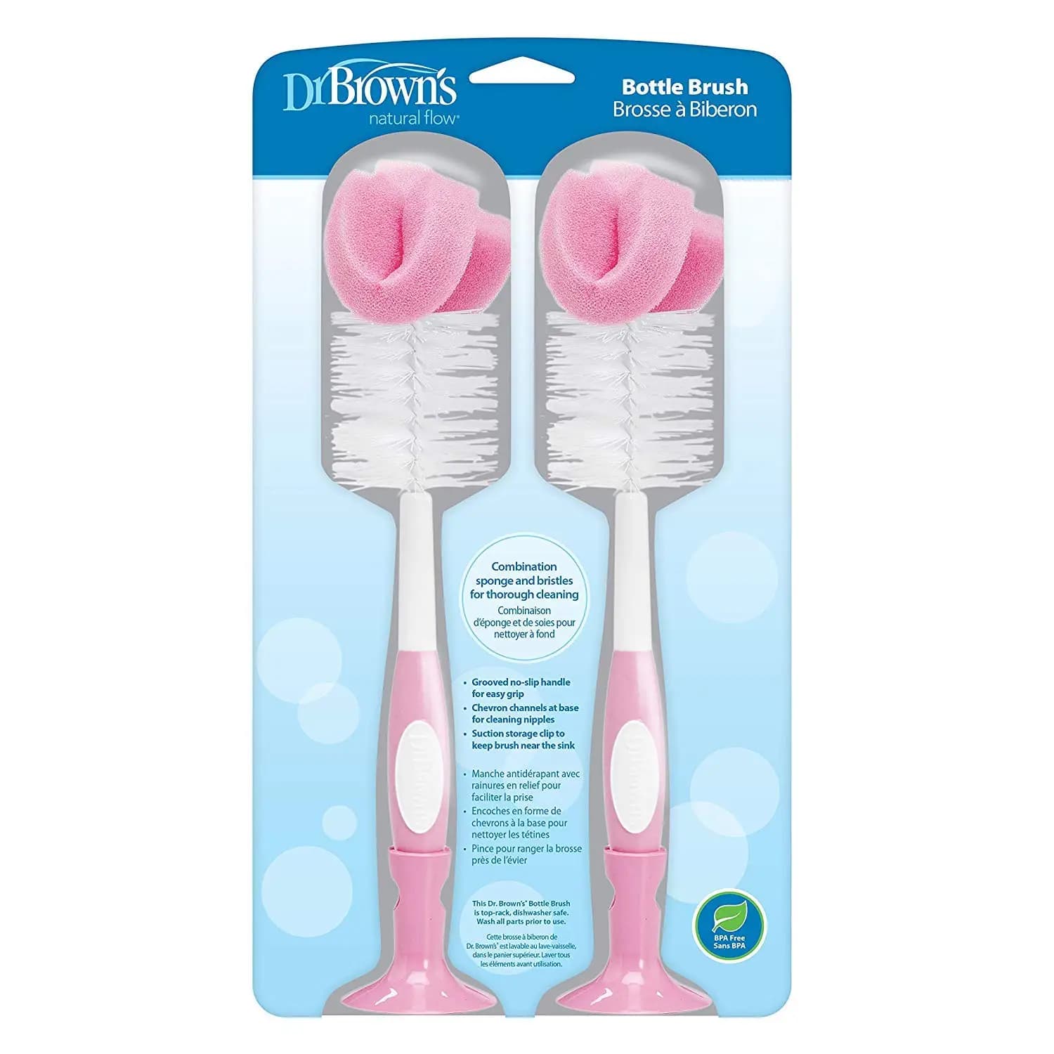 Spazzola per biberon - Rosa, confezione da 2 - Spugna e setole per una pulizia completa, pulisci-tettarelle incluso