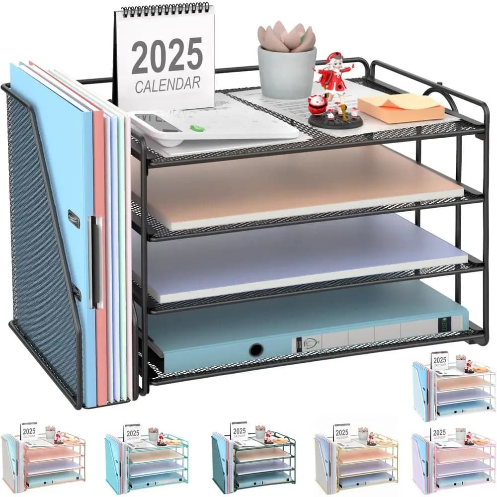 Organizzatore per Ufficio a 4 Livelli Nero con Portariviste e Contenitore per Accessori da Scrivania