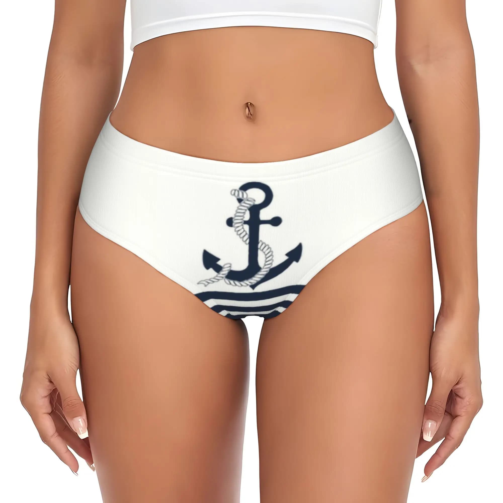Custom Women Navy Blue Stripes Nautical Anchor Boat Brief Panties Female Soft Underwear Underpants