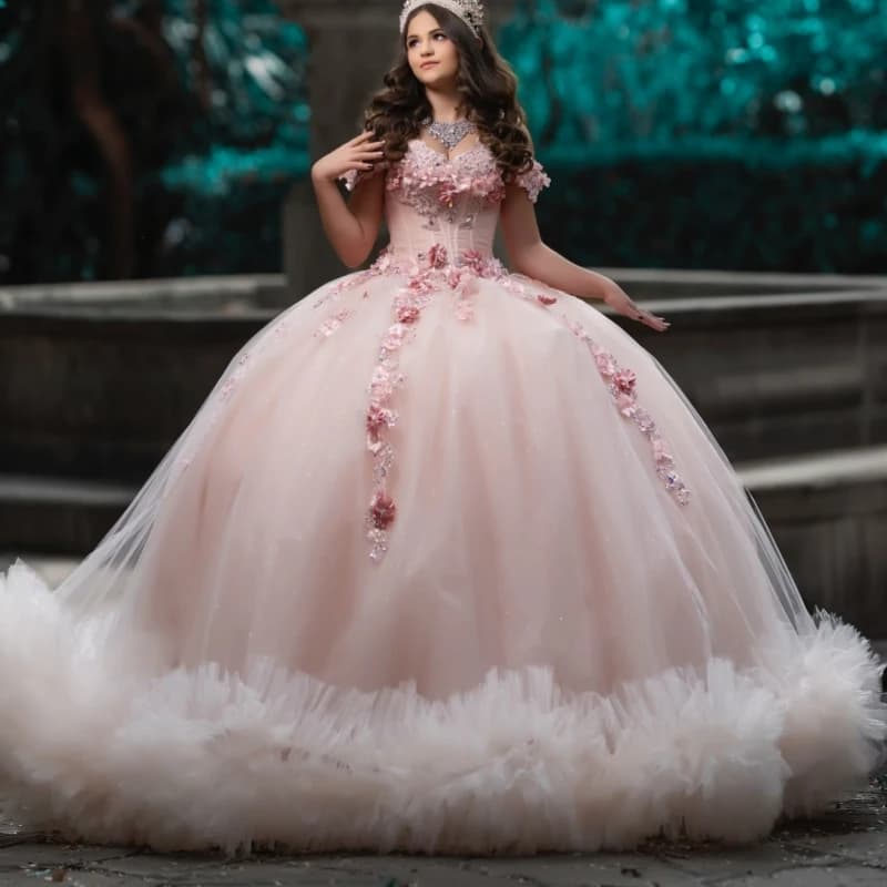 Abiti Quinceanera rosa lucido Abito da ballo con spalle scoperte Applique Fiore che borda Crysral Tull Festa di compleanno Dolce 16 Abito Ves