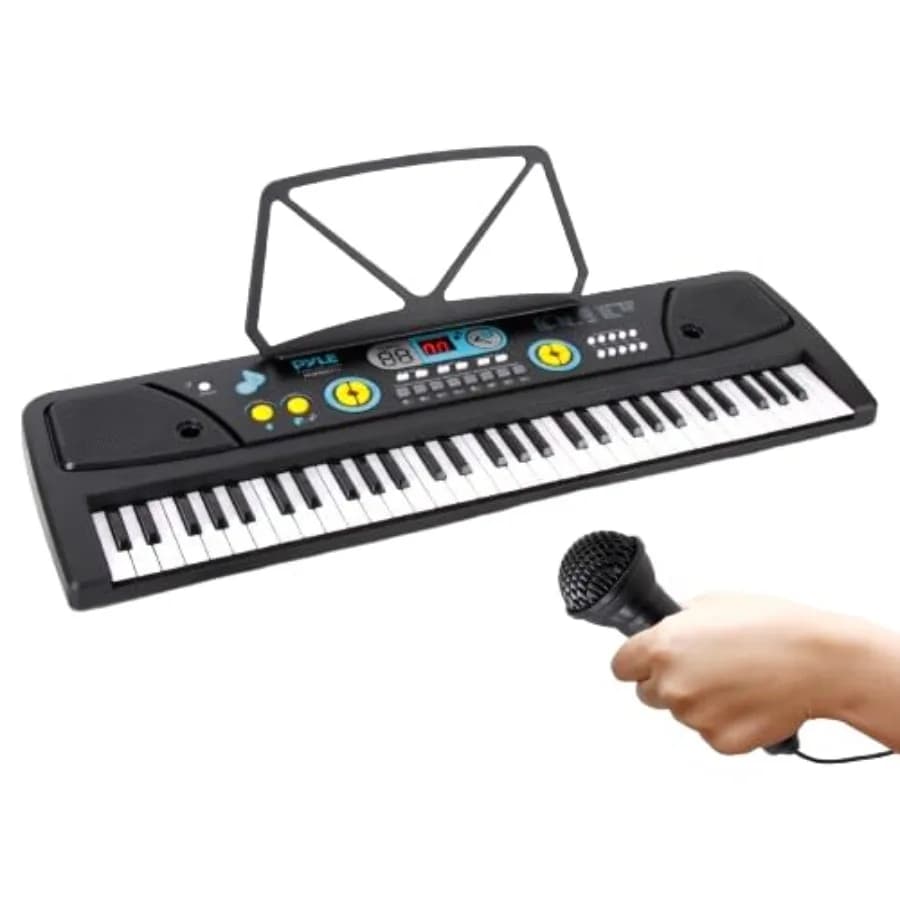 Pyle Pianoforte Digitale Portatile a 61 Tasti per Principianti con Drum Pad, Microfono per Registrazione, Supporto per Spartiti e Altoparlante Integrato, Nero