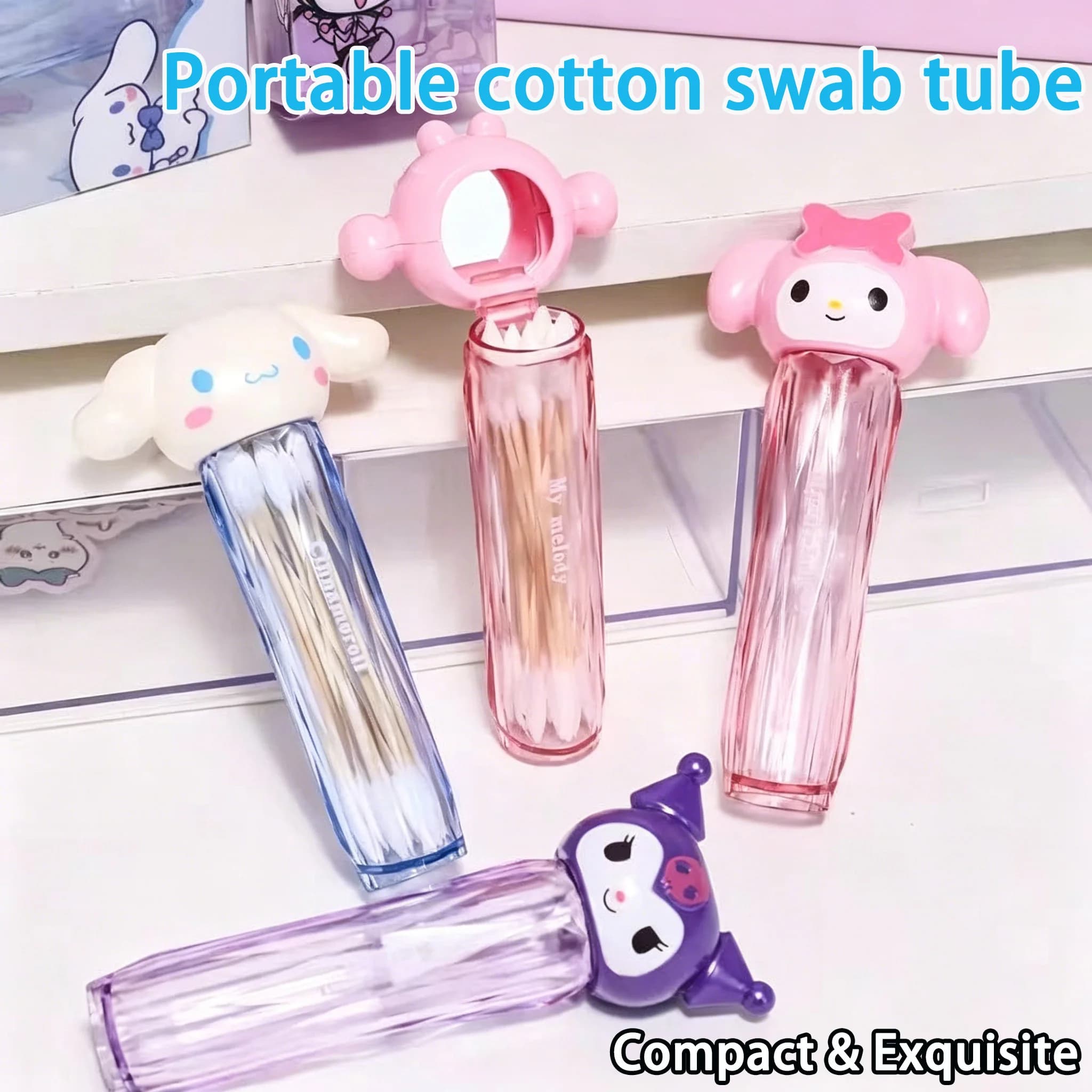 Tubo Portaoggetti per Bastoncini di Cotone Kawaii My Melody Kuromi Cinnamoroll con Specchio Integrato, Scatola Portatile da Viaggio per Filo Interdentale, Regalo Carino