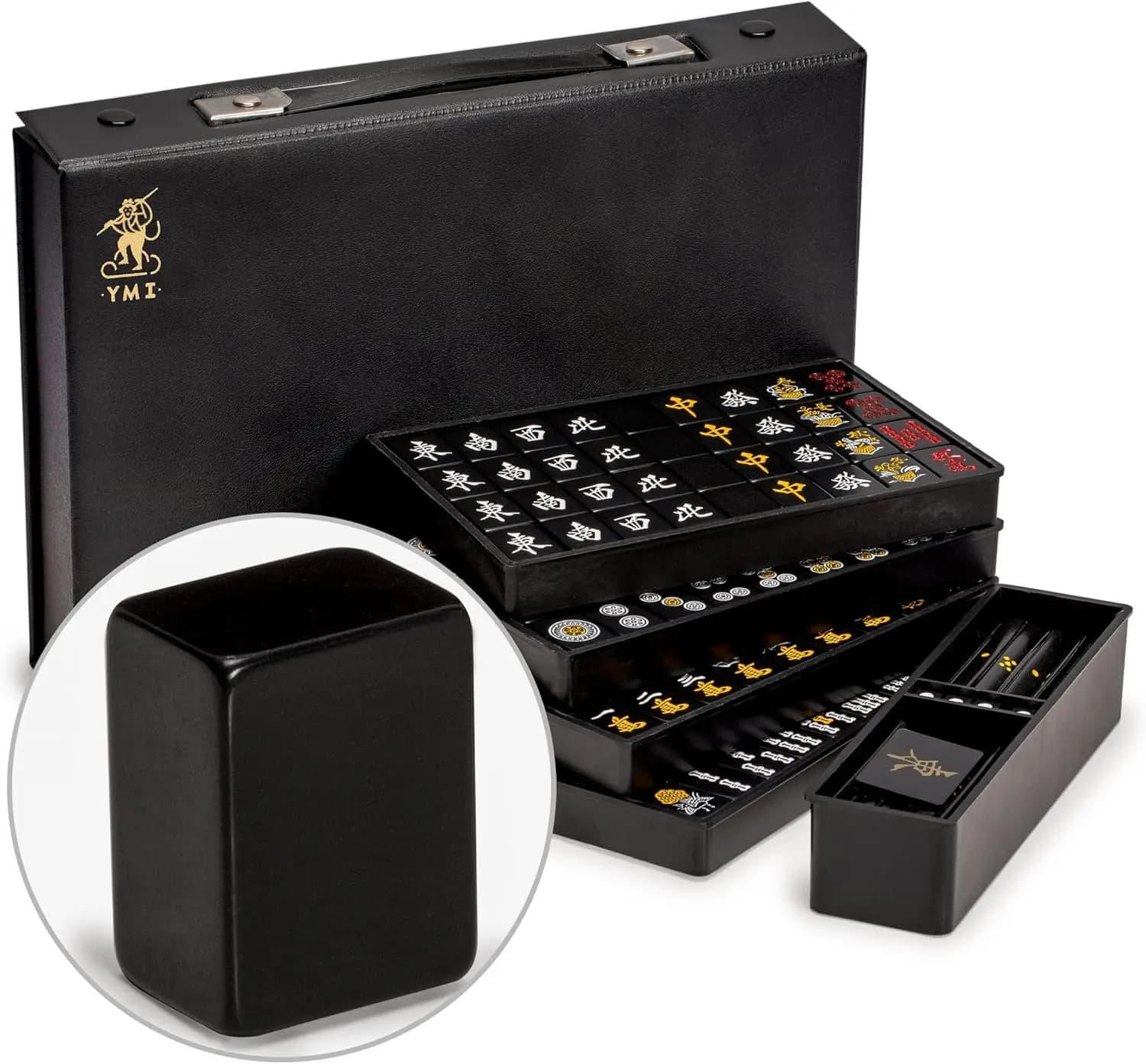 Set Mahjong Giapponese Riichi - Tessere Nere di Dimensioni Standard, Valigetta in Vinile, Bastoncini per Punteggio e Dadi
