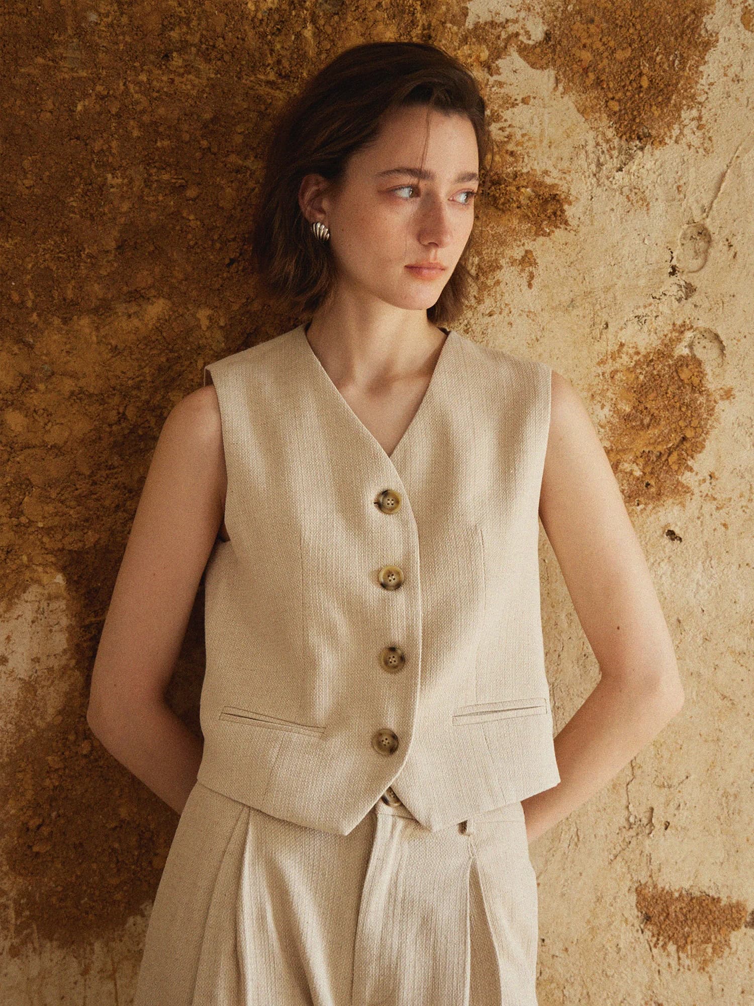 Clean Sense Women's Casual Linen V-neck Suit Jacket High Waist Wide Leg Pants Set Original Design Cotton Linen Blend Summer 2024