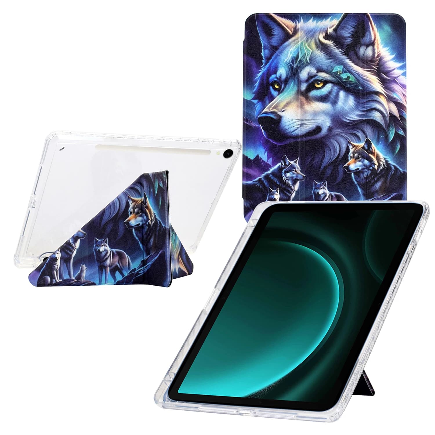 Custodia tablet per Samsung Galaxy Tab S10 FE / S9 / S9 FE, modello Y-Fold Stand in pelle stampata + cover in acrilico trasparente con matita Ho