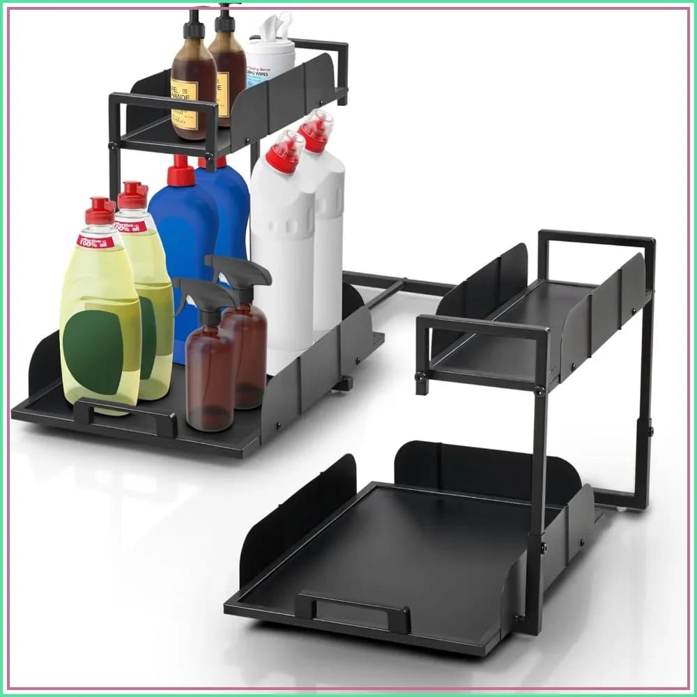 Under Kitchen Sink Organizer, 2 Tier Metal Pull Out Cabinet Organizer with Sliding Drawer, Heavy Duty Storage Shelf for Home, Laundry, Office, 2 Pack