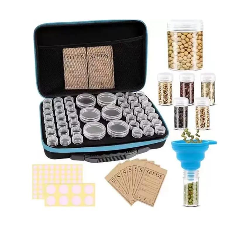 A34R seed storage kit with 48 compartment organizer box, 2 sizes of garden plant bottles and flowers