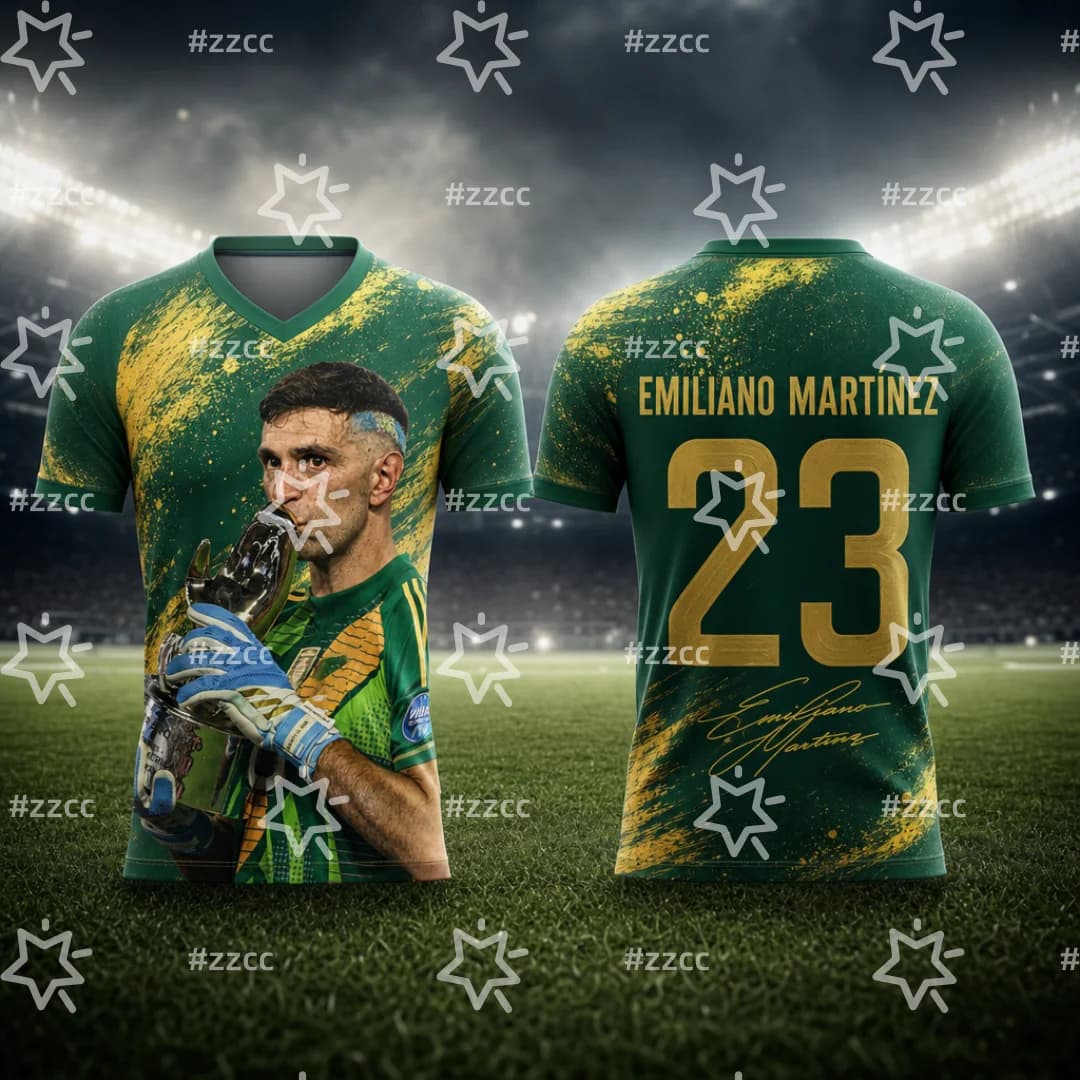 Unisex Argentina Soccer Jersey Green Gold Splash Print No.23 Trophy Player Decor 2026 Crest Fan Football Shirt