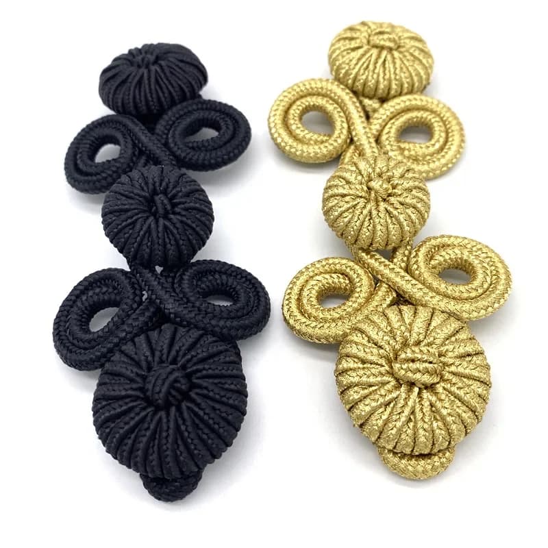Bottoni a Nodo Cinese per Cheongsam, Decorazione per Abiti Tang, Bottoni Fai-da-Te, Oro e Nero, 1 Paio