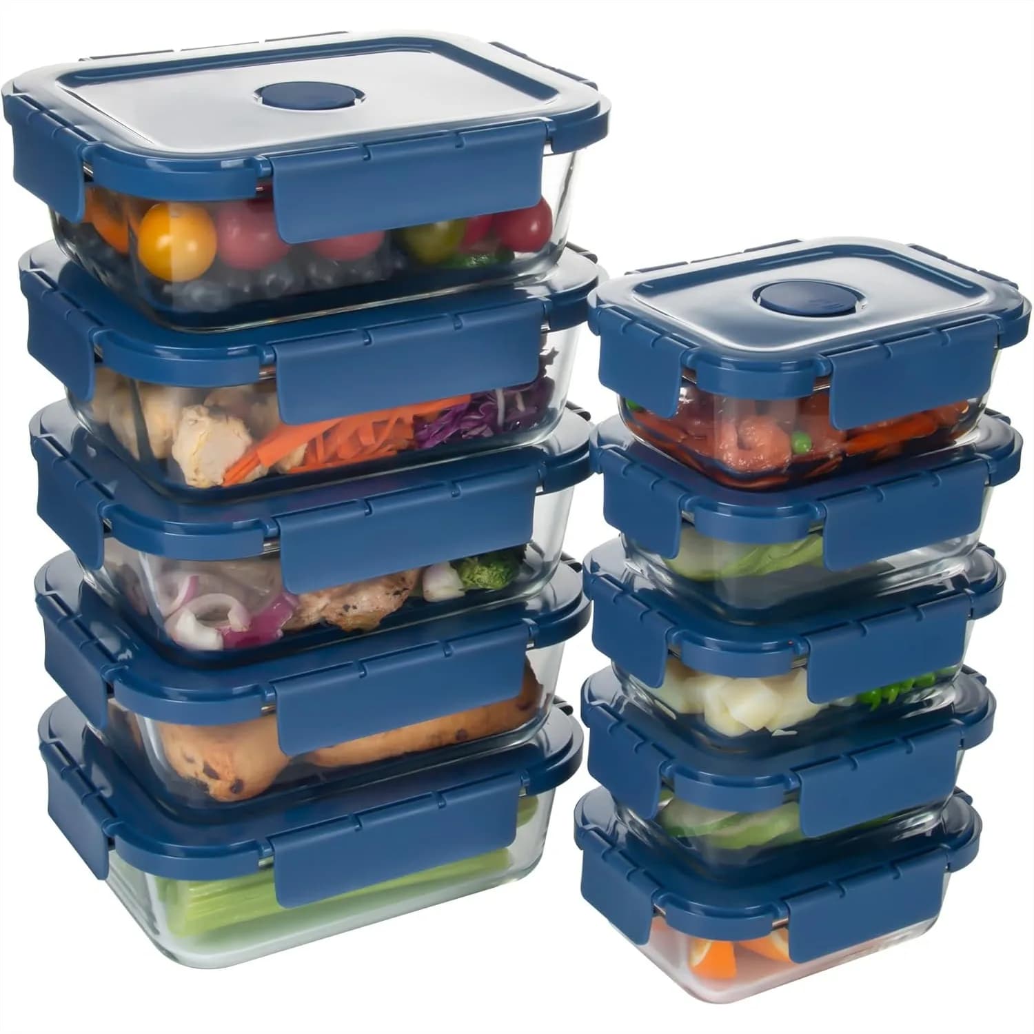 Contenitori in Vetro per Alimenti, Set da 10, per Preparazione Pasti con Coperchi a Chiusura Ermetica e Prese d'Aria, Adatti per Microonde e Lavastoviglie, Blu Navy