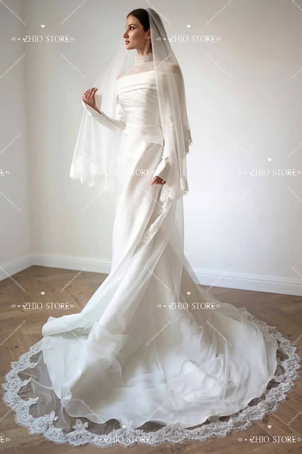 Abito da sposa romantico a collo alto in pizzo ZHIO per donna, con pieghe, maniche lunghe e strascico, personalizzabile