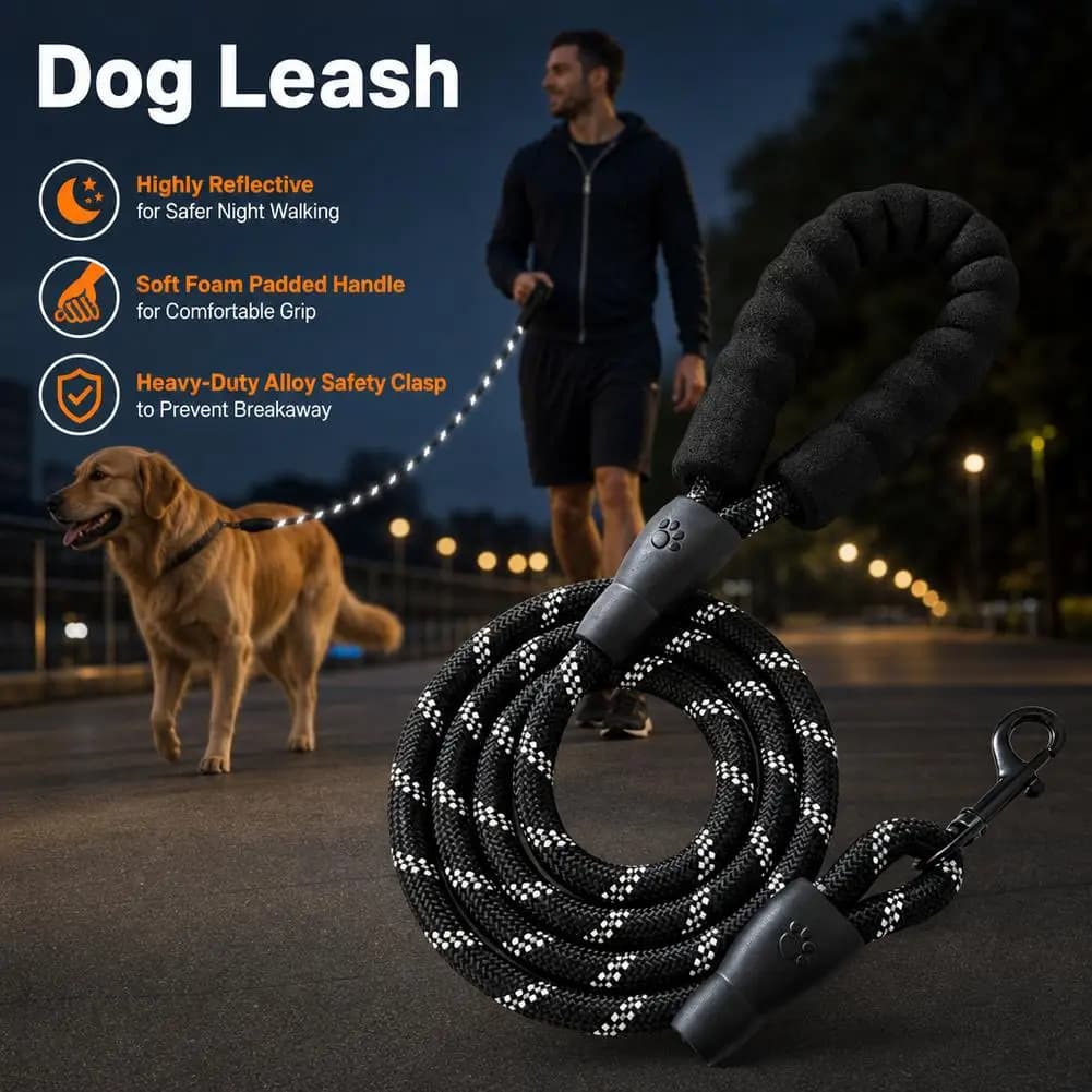 Nylon Dog Leash Reflective Nighttime Walking Heavy Duty Anti Pull Foam Handle 360 Degree Rotatable Clasp For Outdoor Pets