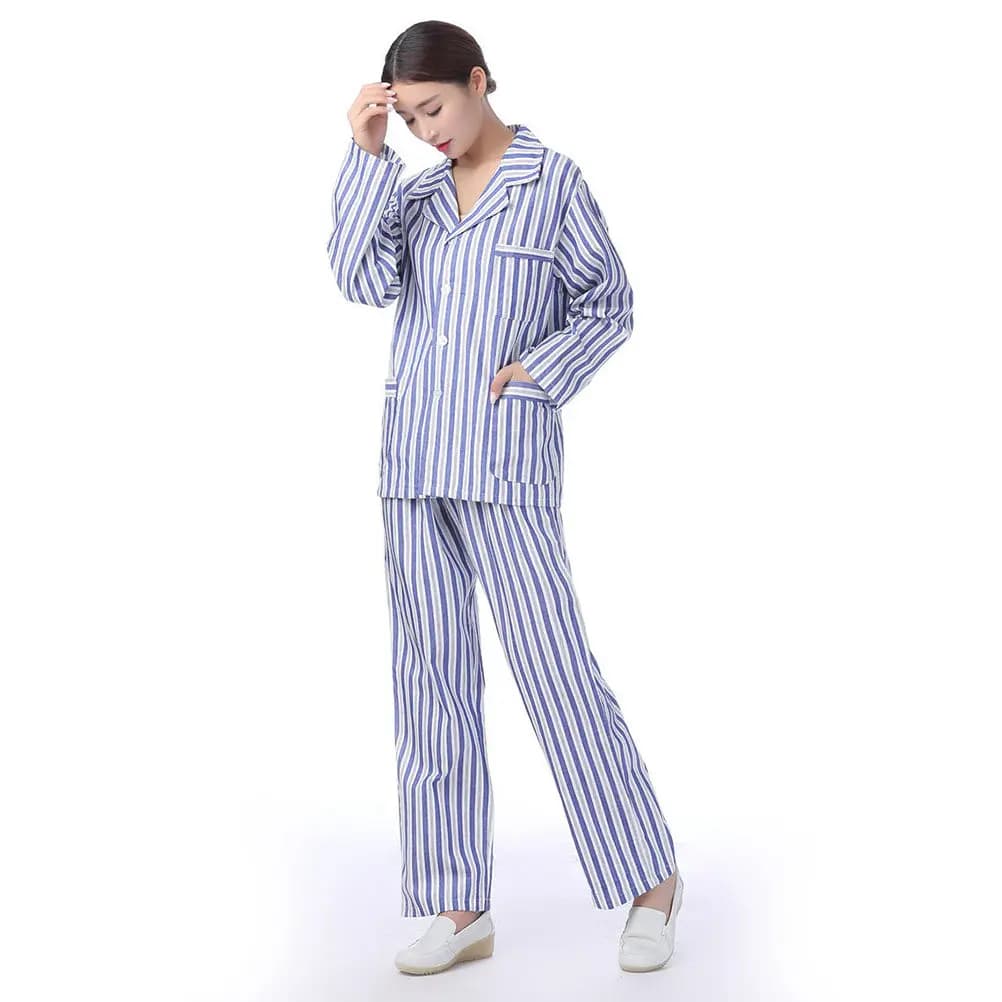 1Set Patient Pajamas Cotton Breathable Long Sleeve Hospital Clothes Blue White Stripe Size L Comfortable Home Bedridden