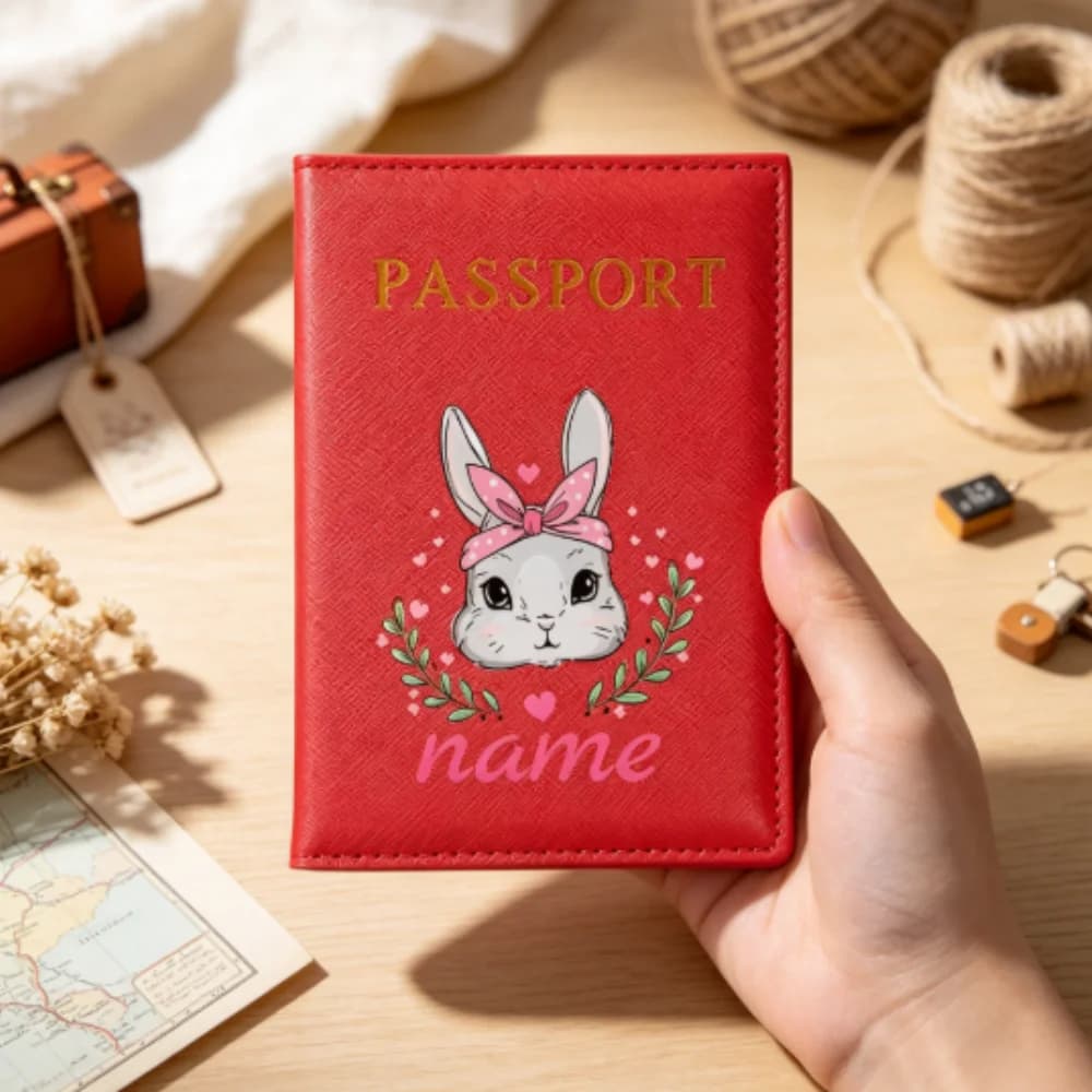 Custom Cute Gray Rabbit Passport Holder, Custom Name Print, Ultra-Thin Travel Wallet For ID & Credit Cards