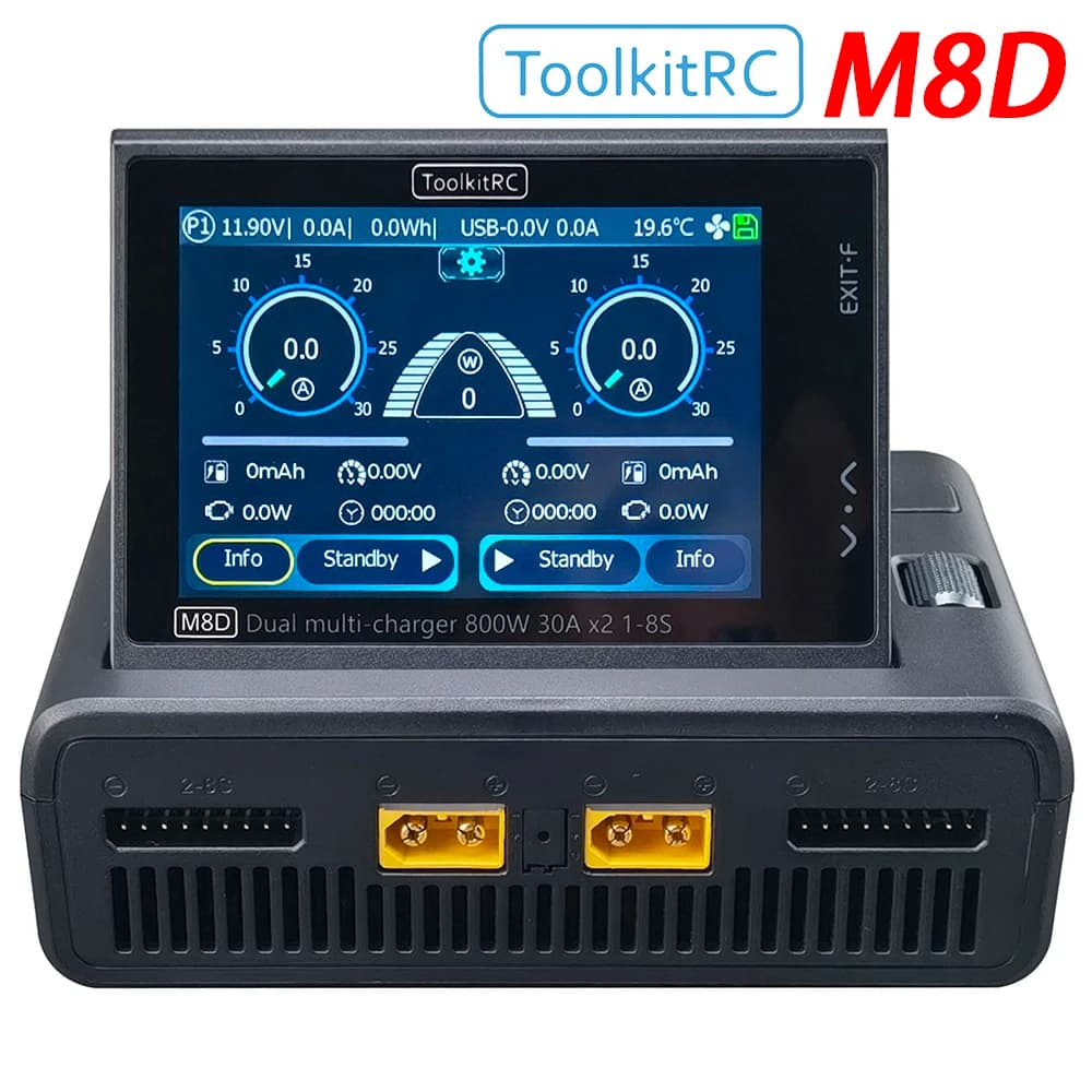 ToolkitRC M8D Charger, Lithium Battery Balanced Voltage 1S-8S, DC 1600W, 2-Channel Toy Car Accessory Voice Touch Screen, Charge
