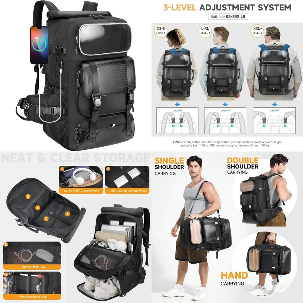 60 litre men's travel backpack with magnetic closure, hand luggage, large gym bag, shoes and water bottles