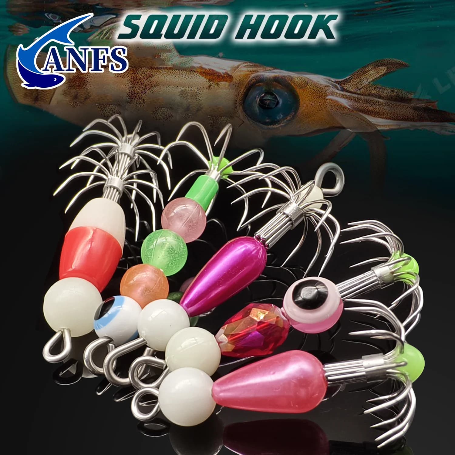 ANFS 2 pcs/5 pcs Glow Squid Jig Ganci Kit, Bright Squid Masks Rectangular Fishing Couples Sleeve Artificial baits with Equipment Box